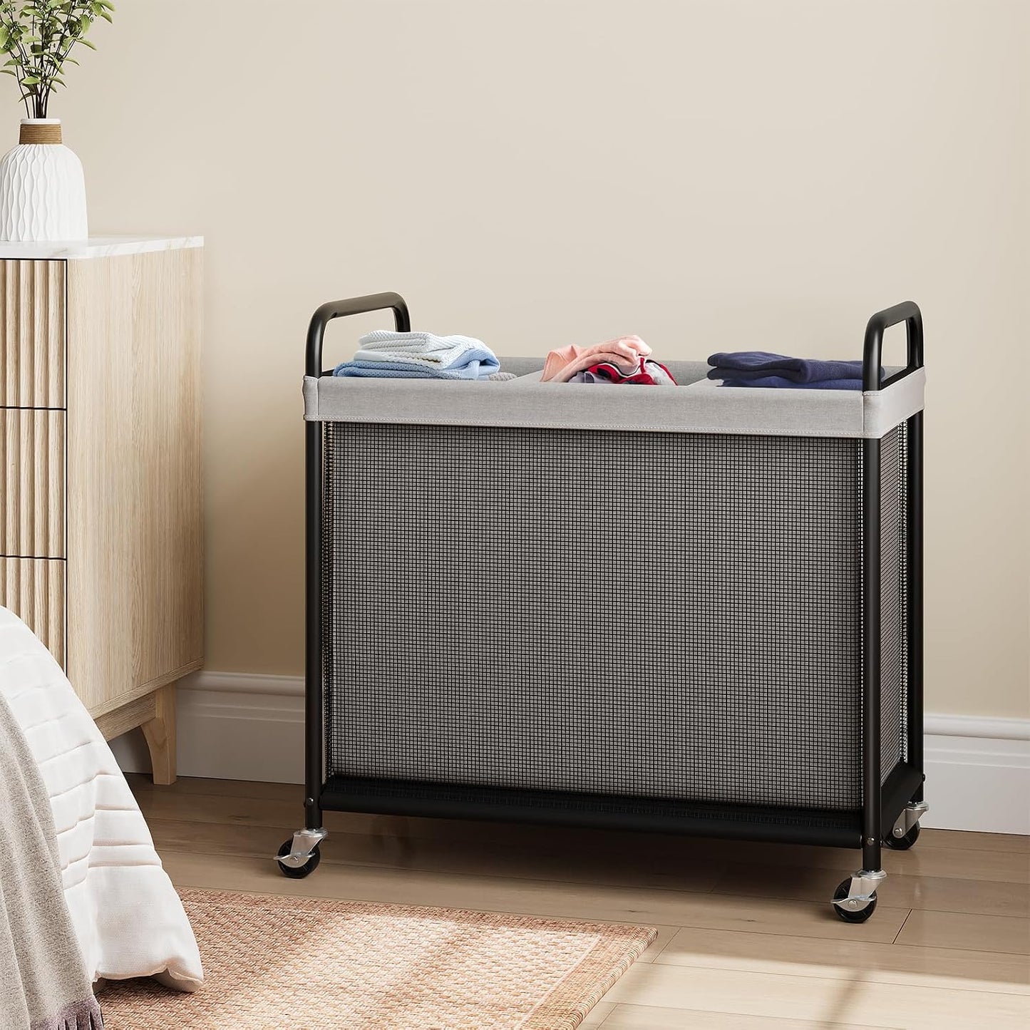 ELYKEN Laundry Hamper 3 Section, 120L Rolling Laundry Sorter with Removable Liner Bag, Laundry Basket with Wheels, Steel Frame with Metal Handle, Clothes Hamper Cart for Laundry Room & Bedroom