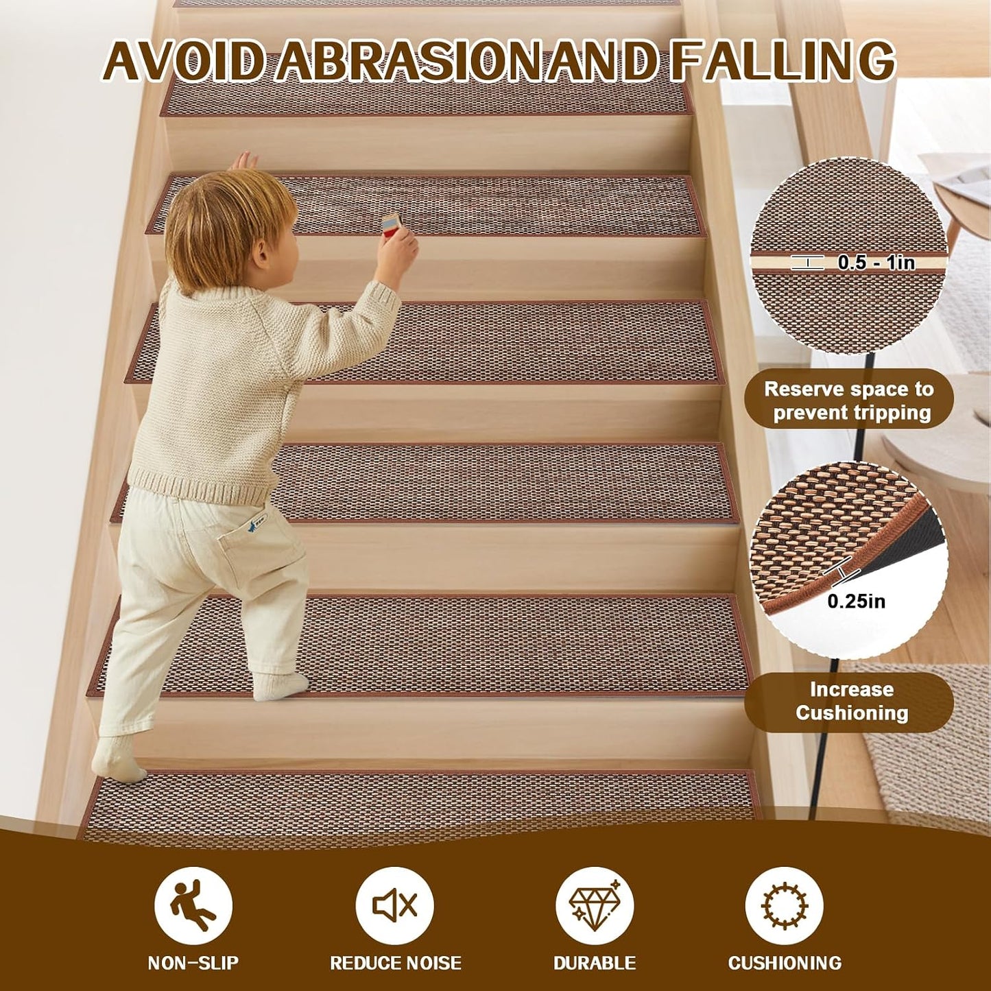 Stair Treads Non Slip, Rubber Backing Stair Treads for Wooden Steps, 15 PCS Thicken Linen Carpet Stair Runners Indoor for Kids Elders and Pets, No Residue Stair Carpet Treads, 8"x30", Beige