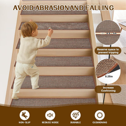 Stair Treads Non Slip, Rubber Backing Stair Treads for Wooden Steps, 15 PCS Thicken Linen Carpet Stair Runners Indoor for Kids Elders and Pets, No Residue Stair Carpet Treads, 8"x30", Beige