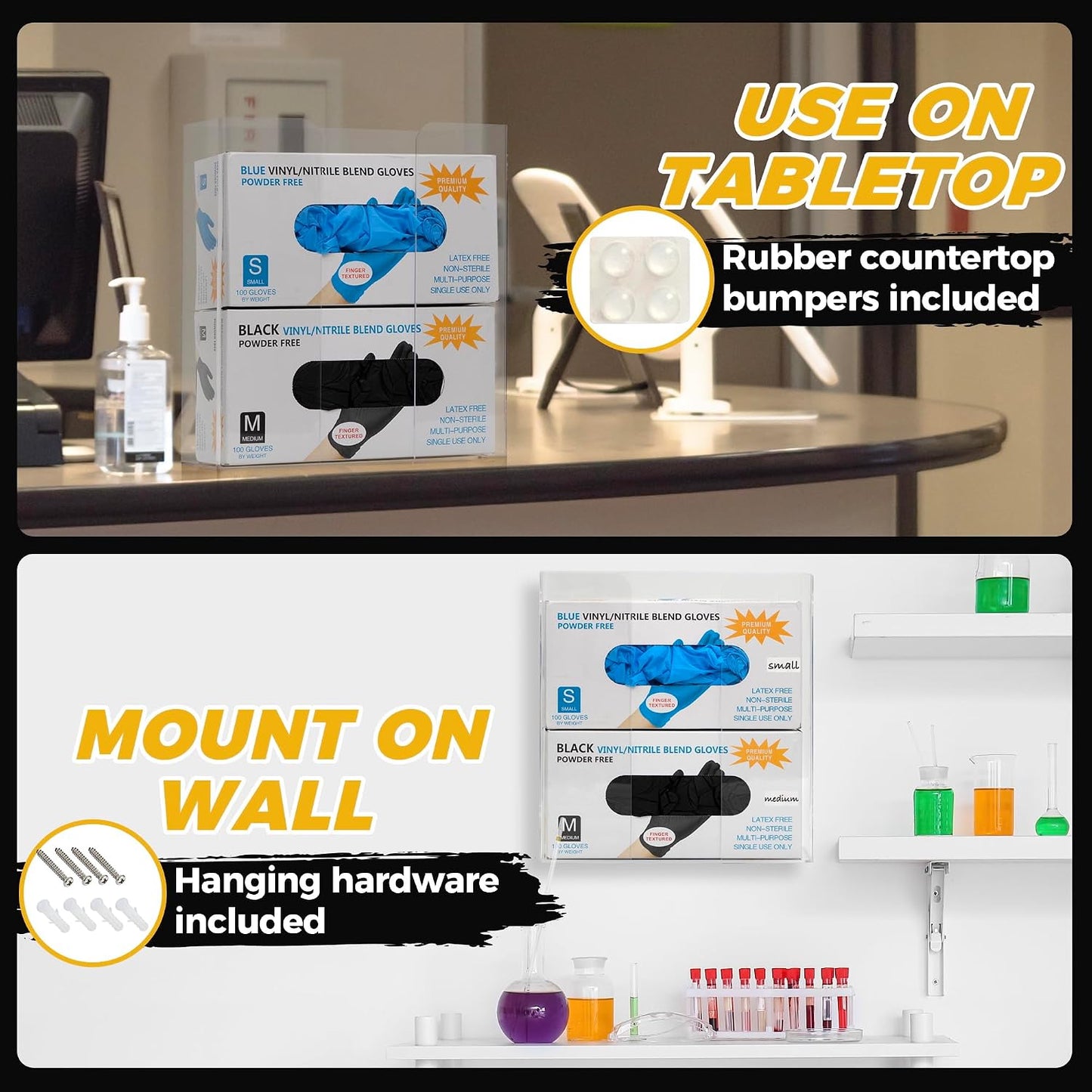 Storage Standard Glove Box Holder Dispenser - Kitchen, Medical, & Latex Gloves Holder Wall Mount or Countertop, Universal Fit - Thick Acrylic, Easy to Use, Slide, & Load Open Top Design - Clear