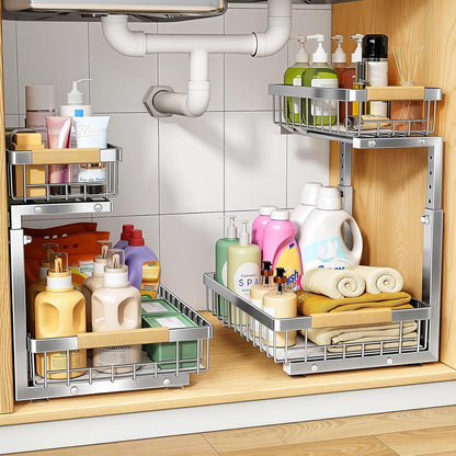 PXRACK Under Sink Organizer, Adjustable Height, 2 Tier Pull Out Under Cabinet Organizer, Slide Out Thickened Metal Under Sink Storage for Kitchen Bathroom Laundry Pantry Cabinet, White, Large-1-Pack