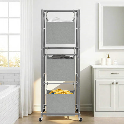 150L 3-Tier Vertical Laundry Hamper Sorter with Water-Resistant Removable Bag, Rolling Laundry Cart with Wheels & Brakes for Apartment, Dorm, Bathroom, Laundry Room, Grey