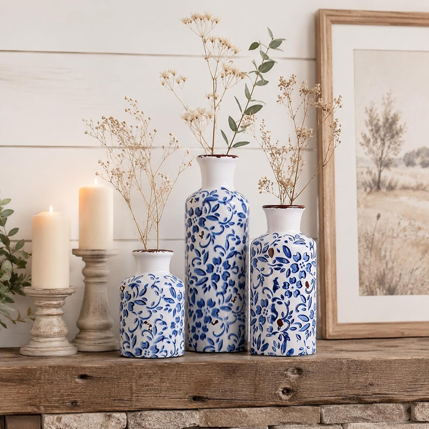 Ceramic Vase Set of 3 – Small Flower Vases, Modern Farmhouse Boho Flower Vases for Home Decor, Rustic Pottery Vases for Centerpieces, Living Room, Shelf, Fireplace, Entryway Decor, Table or Cabinet