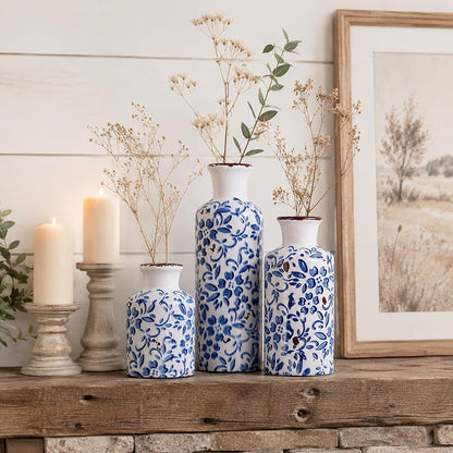 Ceramic Vase Set of 3 – Small Flower Vases, Modern Farmhouse Boho Flower Vases for Home Decor, Rustic Pottery Vases for Centerpieces, Living Room, Shelf, Fireplace, Entryway Decor, Table or Cabinet