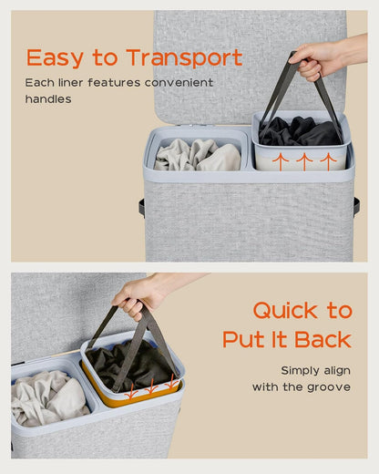 CASAMAYA Laundry Basket with Lid, Laundry Hamper 3 Section, 190L collapsible Laundry Organizer, Easy Assembly, with Handles and Removable Liners, 25.2 x 15.7 x 29.5 Inches, Beige JSP904M
