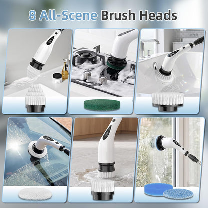 Electric Spin Scrubber, 3-Speed Flat End Brush with 8 Brush Heads & Base, Adjustable Long Handle, Digital Display, 2500mAh Fast Charging, for Bathroom, Tub, Tile, Floor（White