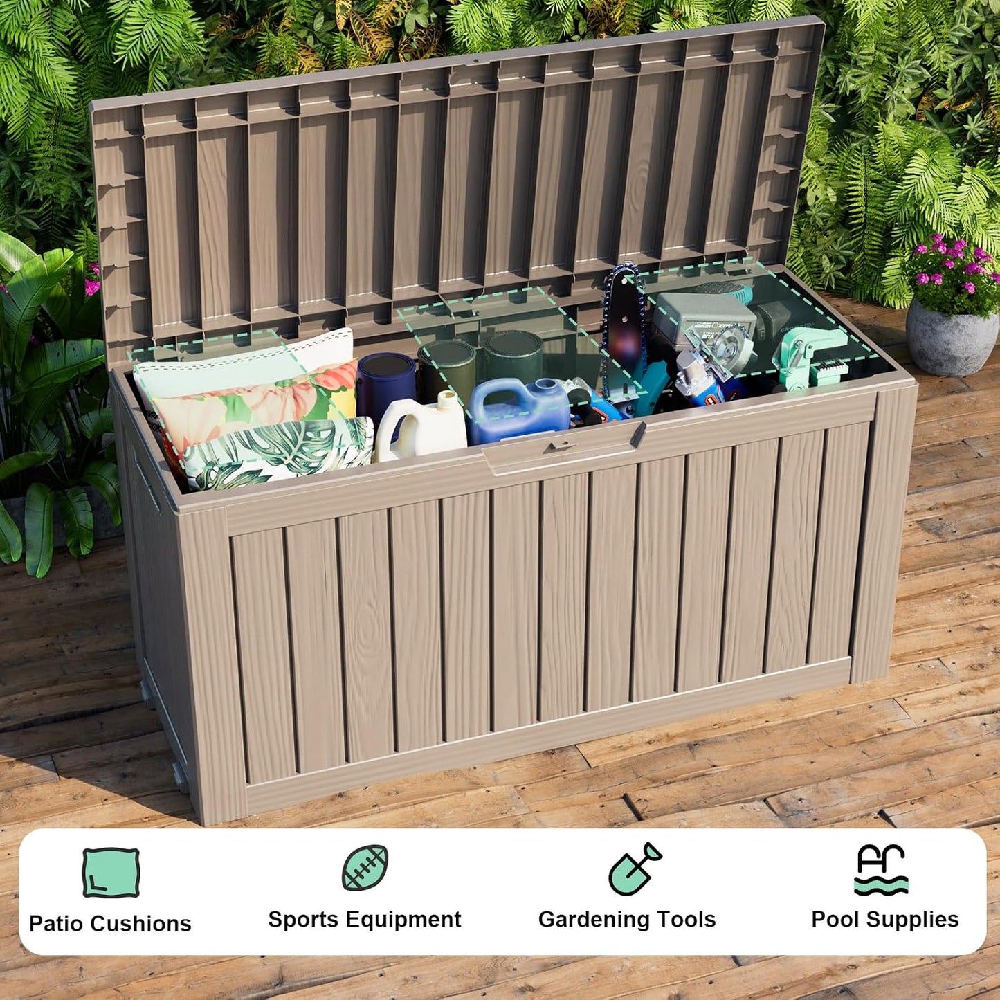 ROJIK 340 Gallon Deck Box Outdoor Waterproof,Weatherproof Outdoor Storage Boxes Lockable with Lid,Outside Resin Storage Bench for Patio Cushions,Garden Tools and Pool Accessories(Black)