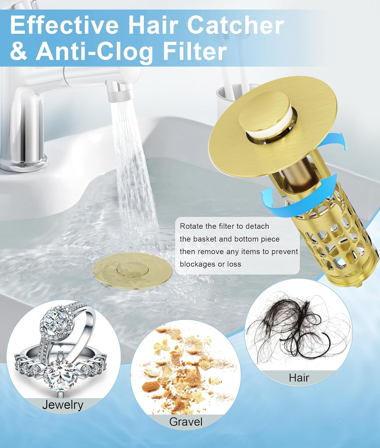 QYHNYJF Bathroom Sink Stopper with Hair Catcher – Universal Pop-Up Drain Strainer for 1.1–1.5 inch US Standard Sink Drain Holes, Anti-Clog Basin Stopper, Silver