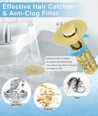 QYHNYJF Bathroom Sink Stopper with Hair Catcher – Universal Pop-Up Drain Strainer for 1.1–1.5 inch US Standard Sink Drain Holes, Anti-Clog Basin Stopper, Silver
