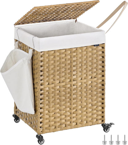 SONGMICS Laundry Hamper with Lid, 37 Gallons (140 L), Rolling Laundry Basket with Wheels, 3-Section Synthetic Rattan, Removable Liner, Bedroom, 26 x 13 x 26 Inches, Gray ULCB363G01