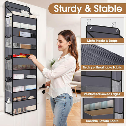 WISELIFE Over The Door Organizer Storage with 4 Large Pockets Door Hanging Organizer with Clear Windows behind The Door Storage for Nursery Bedroom Bathroom Pantry Closet and Baby Essentials Dark Grey