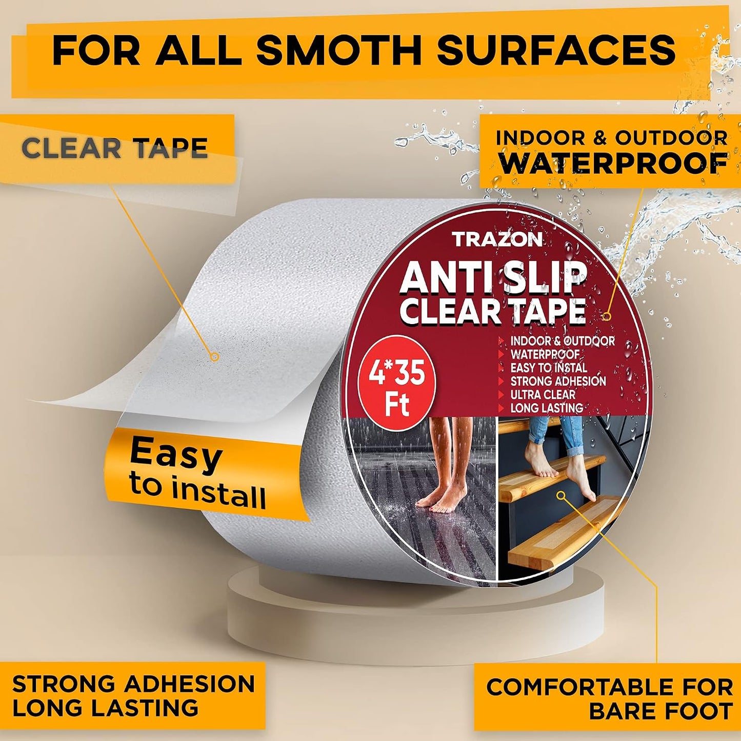 Grip Tape - Heavy Duty Anti Slip Tape for Stairs Outdoor/Indoor Waterproof 4Inch x 35Ft Safety Non Skid Roll for Stair Steps Ramp Traction Tread Staircases Grips Adhesive Non Slip Strips Walk Black