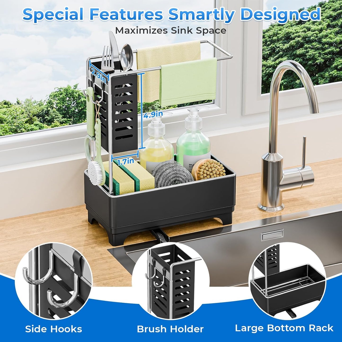 Kitchen Sink Caddy with Stainless Steel Towel Holder, Handy Sponge Holder for Kitchen Sink with Extending Drain Spout, No-Tool Assembly Space Saver for sink Countertop Accessories(Gray)