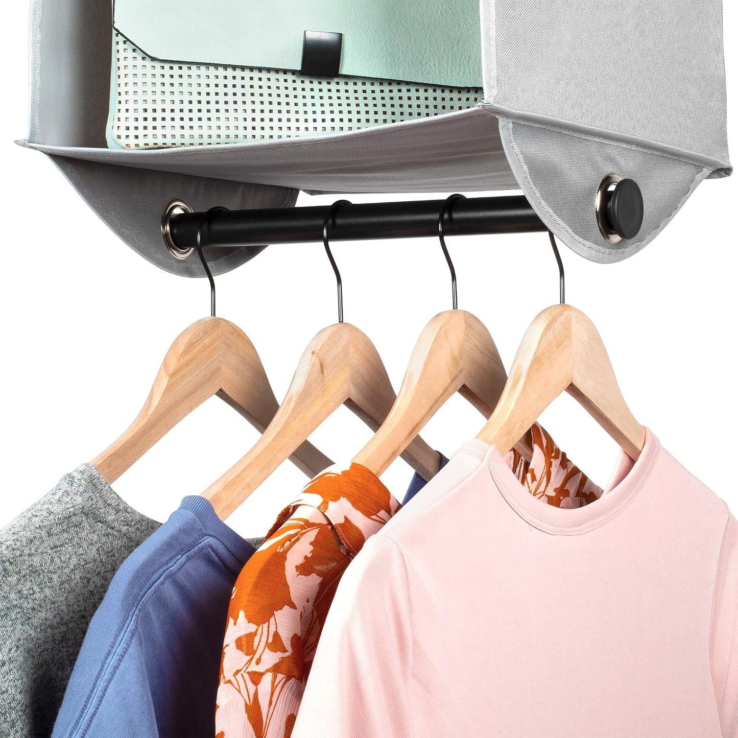 HOLDN’ STORAGE Hanging Closet Organizer with Garment Rod – Heavy Duty 4-Shelf Hanging Shelves for Clothes, Sweaters & Shoes, Reinforced 600D Fabric Storage Unit with Built-in Clothing Rod, Grey
