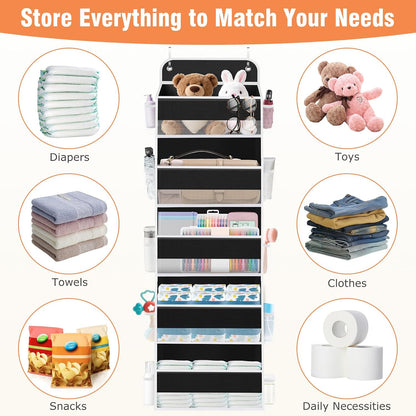 WISELIFE Over The Door Organizer Storage 4 Shelves Large Capacity Hanging Bedroom Storage Solution with 6 Side Pockets for Dorm Bathroom Pantry Nursery and Baby Essentials Holds up to 40 Lbs (Black)