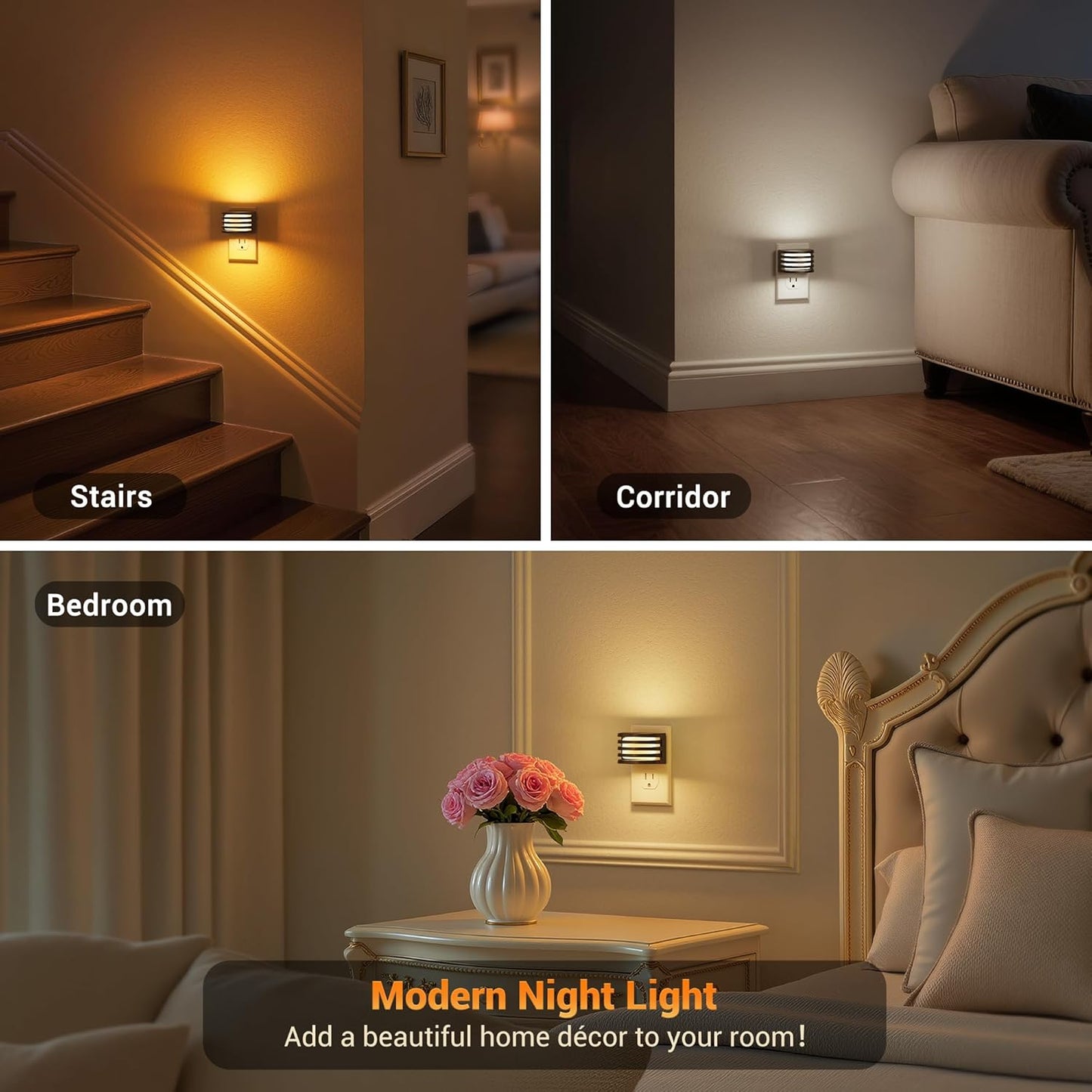 JandCase Motion Sensor Night Light, [2 Pack] Night Lights Plug into Wall, Dusk to Dawn & Motion Sensor, 3 Level Brightness Dimmable Plug in Night Light, 3000K Nightlight for Bedroom Bathroom Hallway