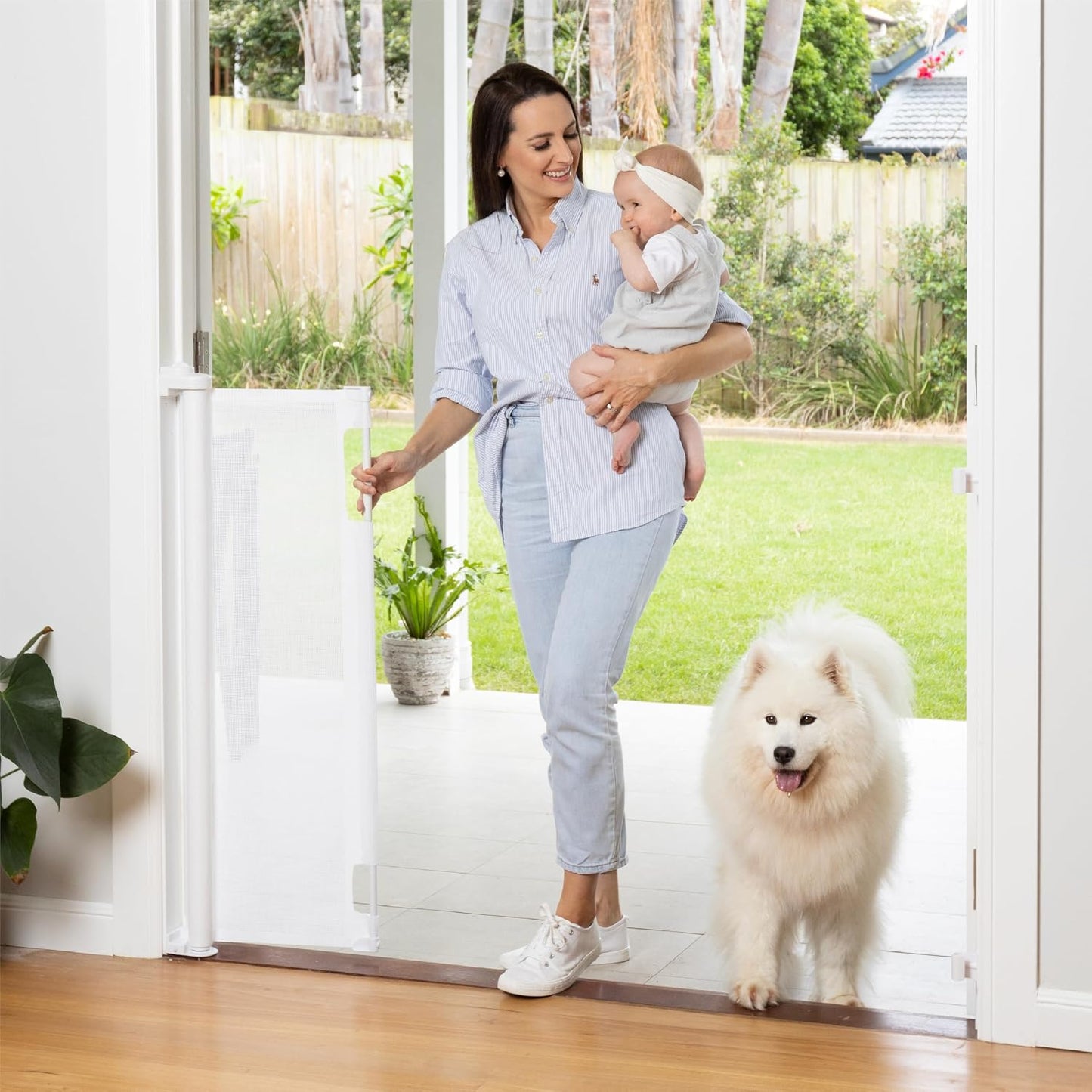Retractable Baby Gate Perma Child Safety 33" Tall x 55” Wide, Mesh, for Stairs, Doorways, Dogs, Pets, Indoor, Outdoor, One-Handed Operation, Locking, Easy Install, Hardware Mount, White