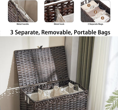 Laundry Hamper with Wheels&Lid, 50.2 Gallons(190L) Rolling Laundry Basket with Wheels, 3-Section Laundry Hamper, Handwoven Rattan Clothes Hamper with 6 Removable Liner& 3 Mesh Laundry Bags, Grey