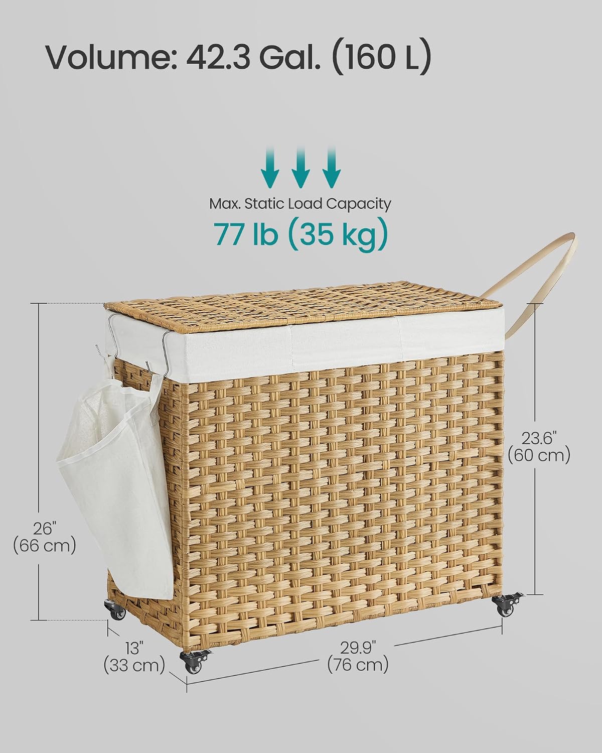 SONGMICS Laundry Hamper with Lid, 37 Gallons (140 L), Rolling Laundry Basket with Wheels, 3-Section Synthetic Rattan, Removable Liner, Bedroom, 26 x 13 x 26 Inches, Gray ULCB363G01
