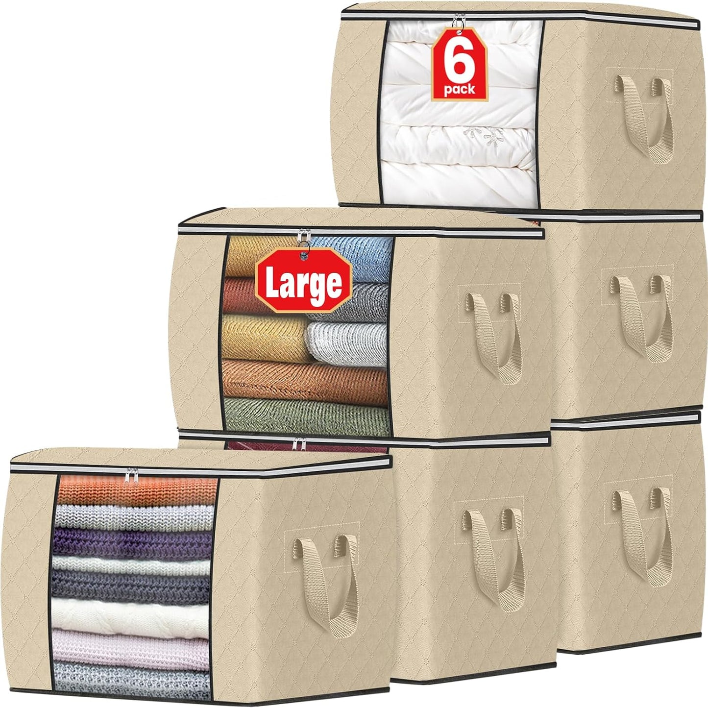 Fab totes 6 Pack Storage Bags for Clothes and Blanket, Foldable Closet Organizers and Storage with Zippers, Clear Window and Handles, Fabric Storage Bins for Sweater, Comforter, Bedding,Linen Sheets