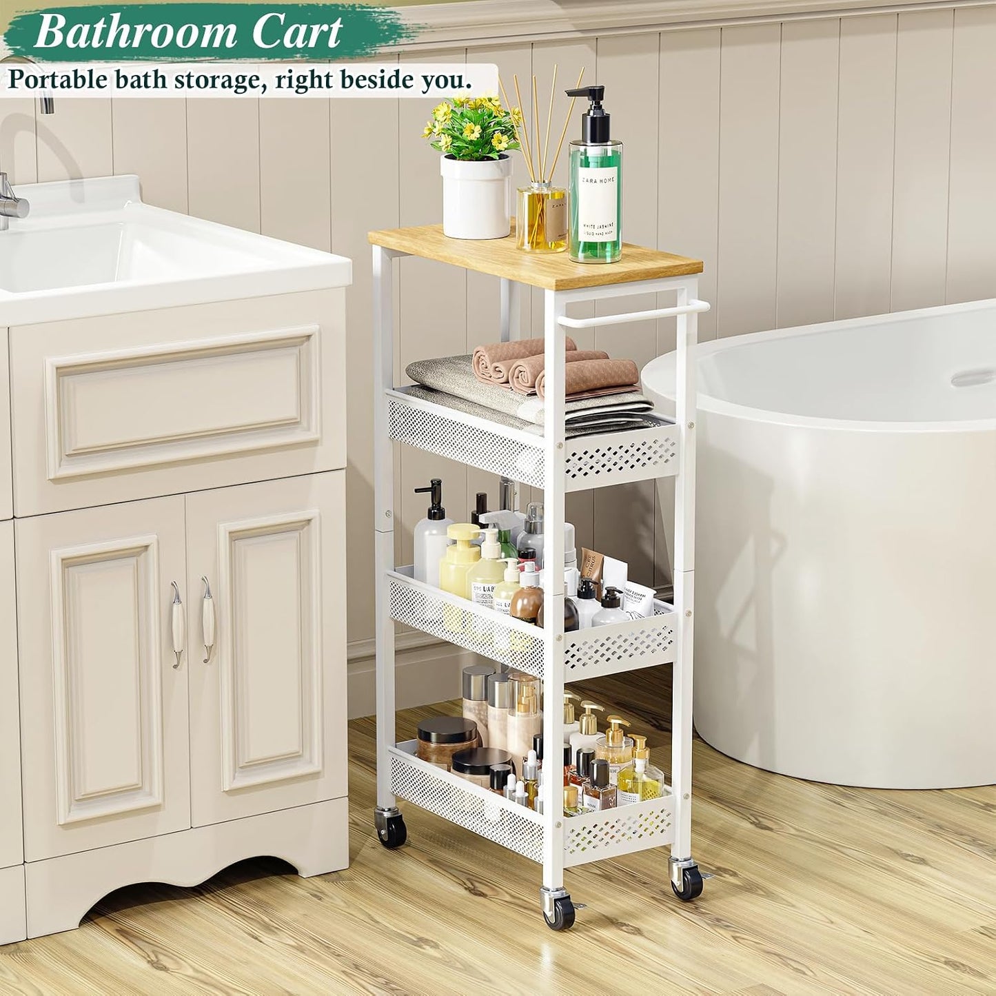 OKZEST Utility Slim Storage Cart, 4 Tier Small Rolling Kitchen Laundry Room Cart with Wood Top, Metal Narrow Bathroom Storage Cabinet Mobile Shelf Unit Organizer Trolley with Handle for Narrow Space