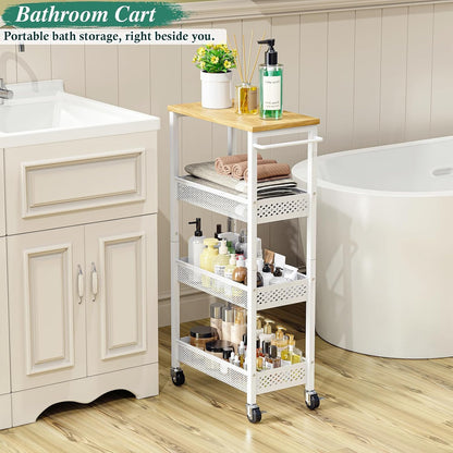 OKZEST Utility Slim Storage Cart, 4 Tier Small Rolling Kitchen Laundry Room Cart with Wood Top, Metal Narrow Bathroom Storage Cabinet Mobile Shelf Unit Organizer Trolley with Handle for Narrow Space