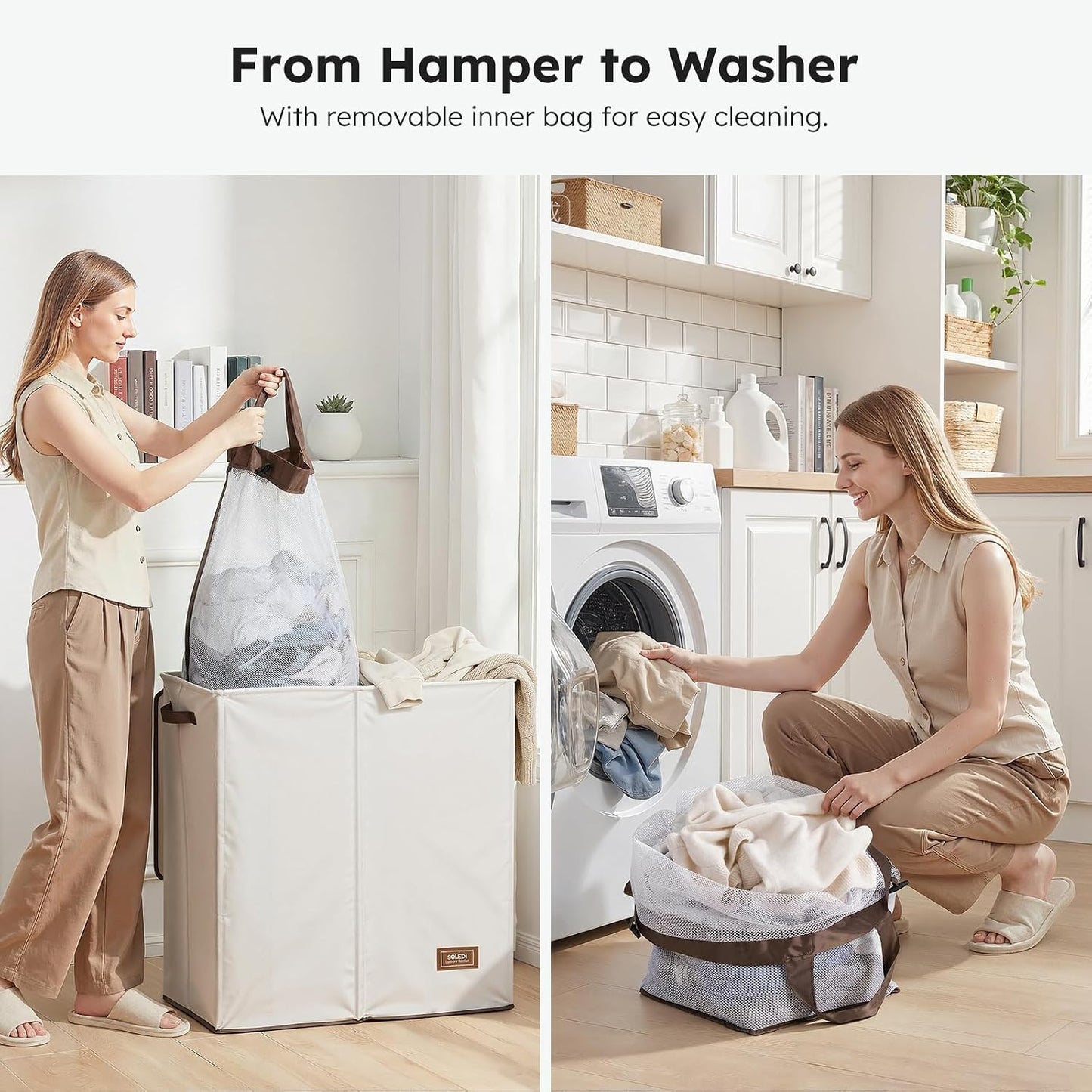SOLEDI Luxury Double Laundry Hamper with Lid and Removable Bags, 38.3 Gal Large Laundry Bin, Laundry Basket 2 Sections, Collapsible Clothes Hamper for Bedroom, Laundry Room, Bathroom, Off-white