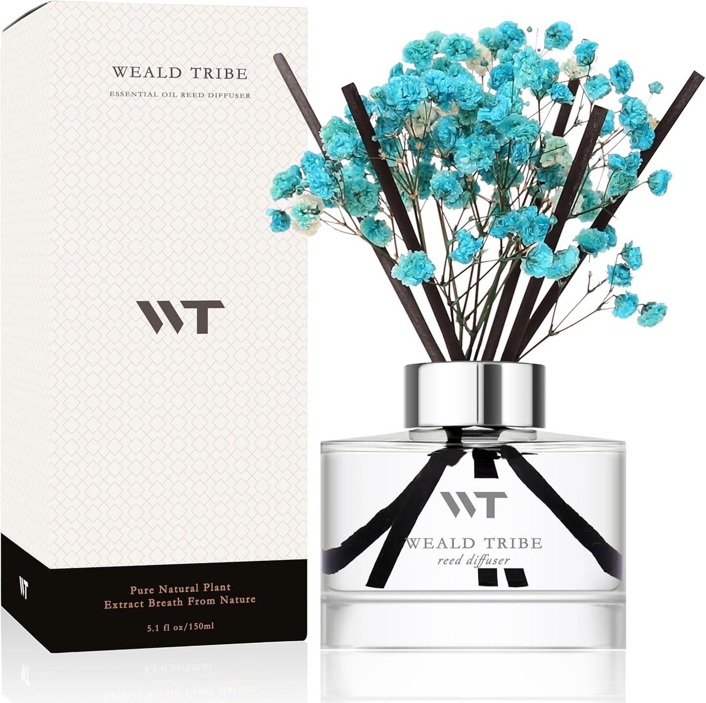 Flower Reed Diffuser Set Wild Eucalyptus Mint Scent for Bathroom Accessories Shelf Decor & Air Fresheners, Sticks Defusers with 5.1 fl oz Essential Oils & Leaves, House Bedroom Office Decor & Gifts