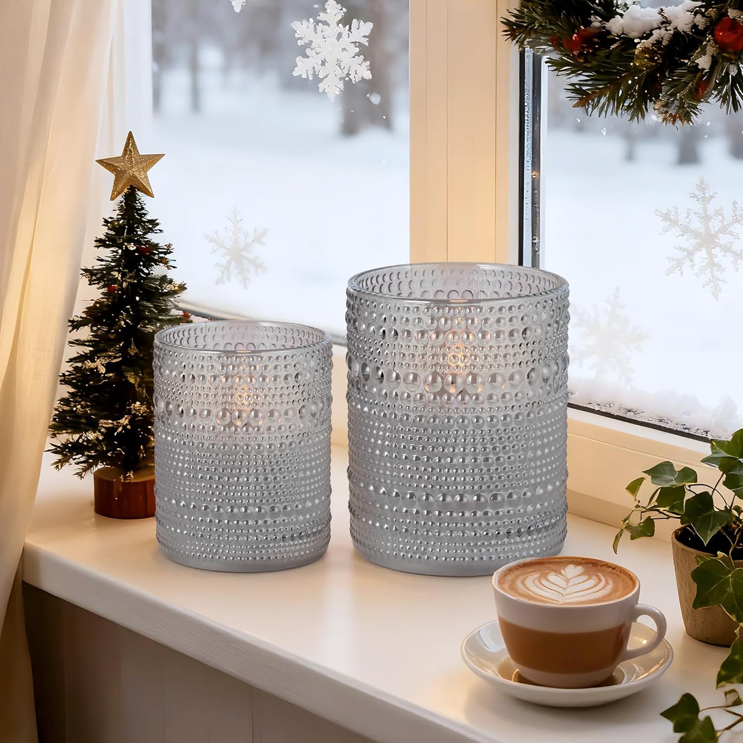 Dotted Glass Flameless Candles with Remote Timer, Real Wax Battery Operated LED Pillar Candles with 3D Flickering Flame for Festival Wedding Home Party Decor, 3" x 4", 4" x 5", Set of 2 (White)