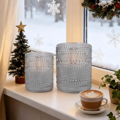 Dotted Glass Flameless Candles with Remote Timer, Real Wax Battery Operated LED Pillar Candles with 3D Flickering Flame for Festival Wedding Home Party Decor, 3" x 4", 4" x 5", Set of 2 (White)