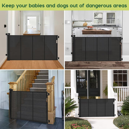 Reinforced 55" Wide Retractable Baby Gates with Reinforced Strips, Indoor/Outdoor Retractable Dog Gate for Doorway Prevent Bottom Drilling Through, No Bottom Bar Safety Mesh Baby Gate for Stair, Black