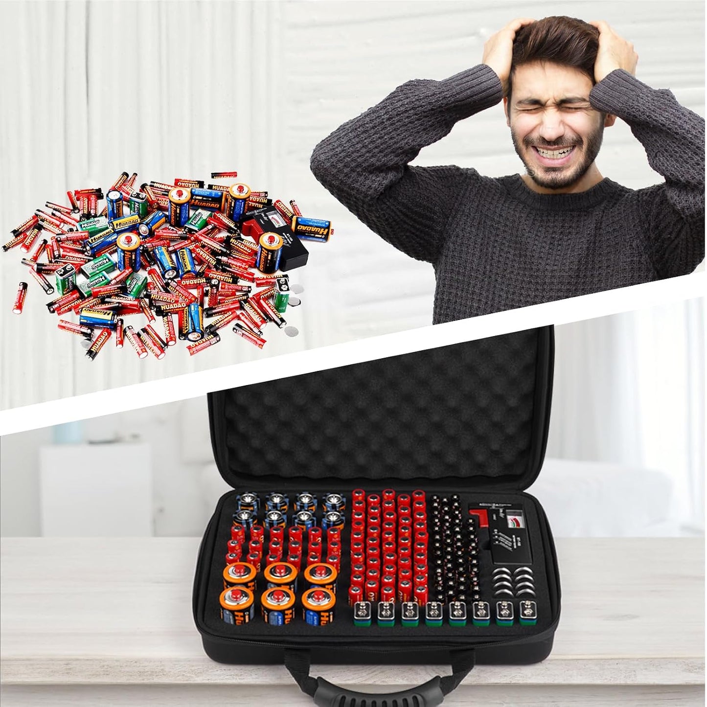 Arkeiliy Battery Organizer, Battery Organizer Storage Case with Tester BT-168, Waterproof Battery Holder Box Holds, Battery Case Organizer 60+ AA AAA C D 9V Batteries (Batteries are Not Included)