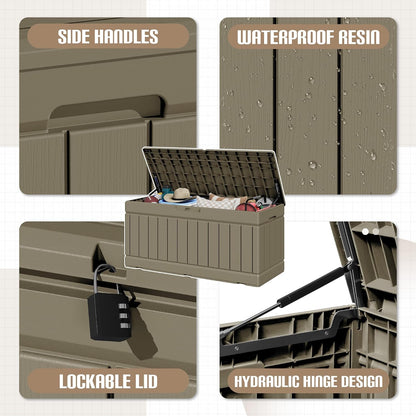 JUMMICO 31 Gallon Resin Deck Box Waterproof Indoor Outdoor Storage Boxes for Patio Furniture Cushions and Garden Tools (Brown)