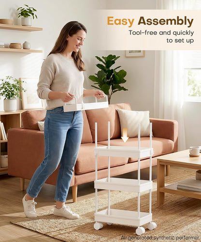 Homde Slim Rolling Cart for Kitchen: 4-Tier Space-Saving Narrow Floor Organizer - 37.4in Tall Vertical Storage for Bottles & Jars - Locking Wheels 8 Hooks for Hang & Grab