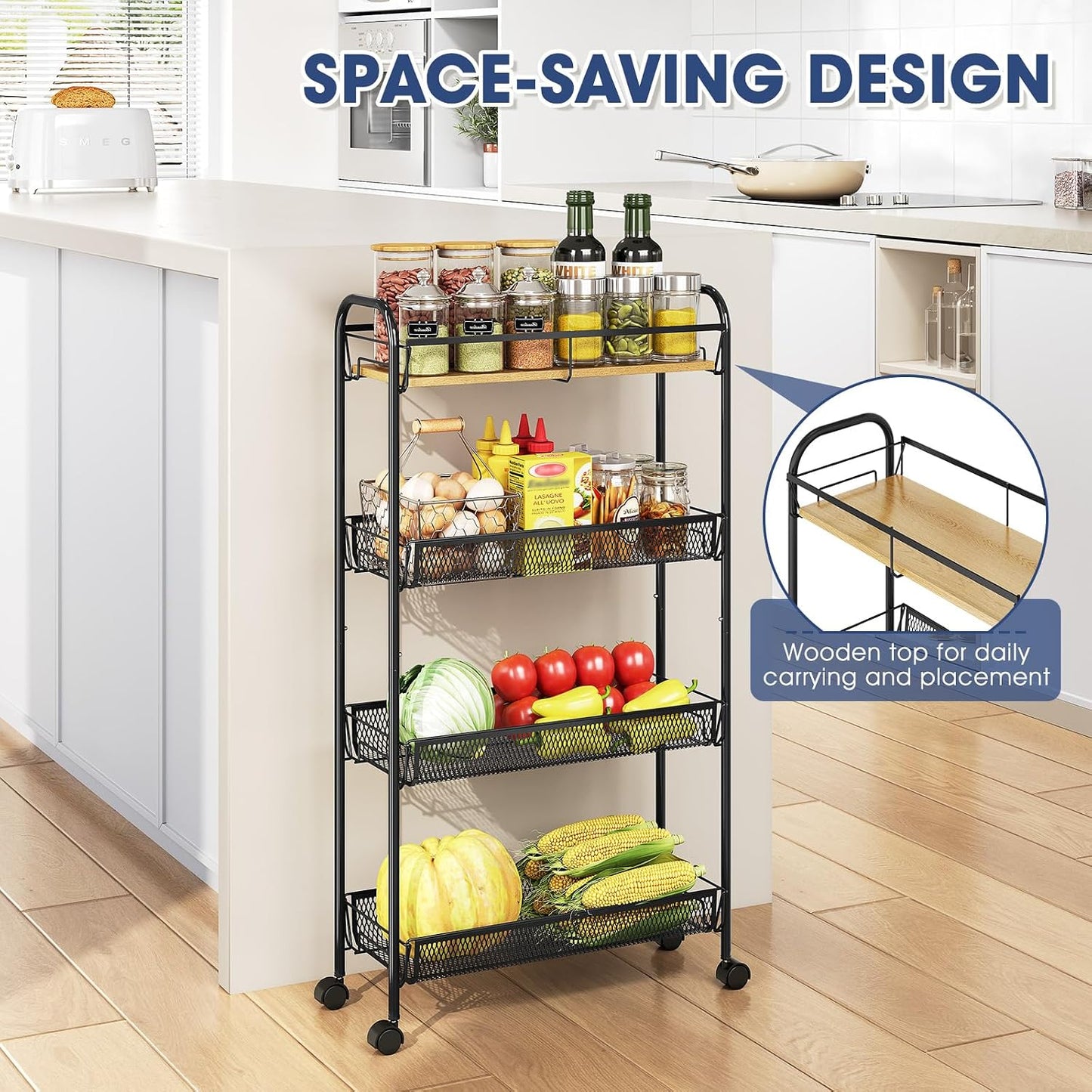 TOOLF 4-Tier Slim Rolling Cart, Metal Utility Cart, Slide Out Storage Cart with Wooden Tabletop and Mesh Baskets for Narrow Space on Kitchen Bathroom Laundry Room Bedroom Apartments Dormitory