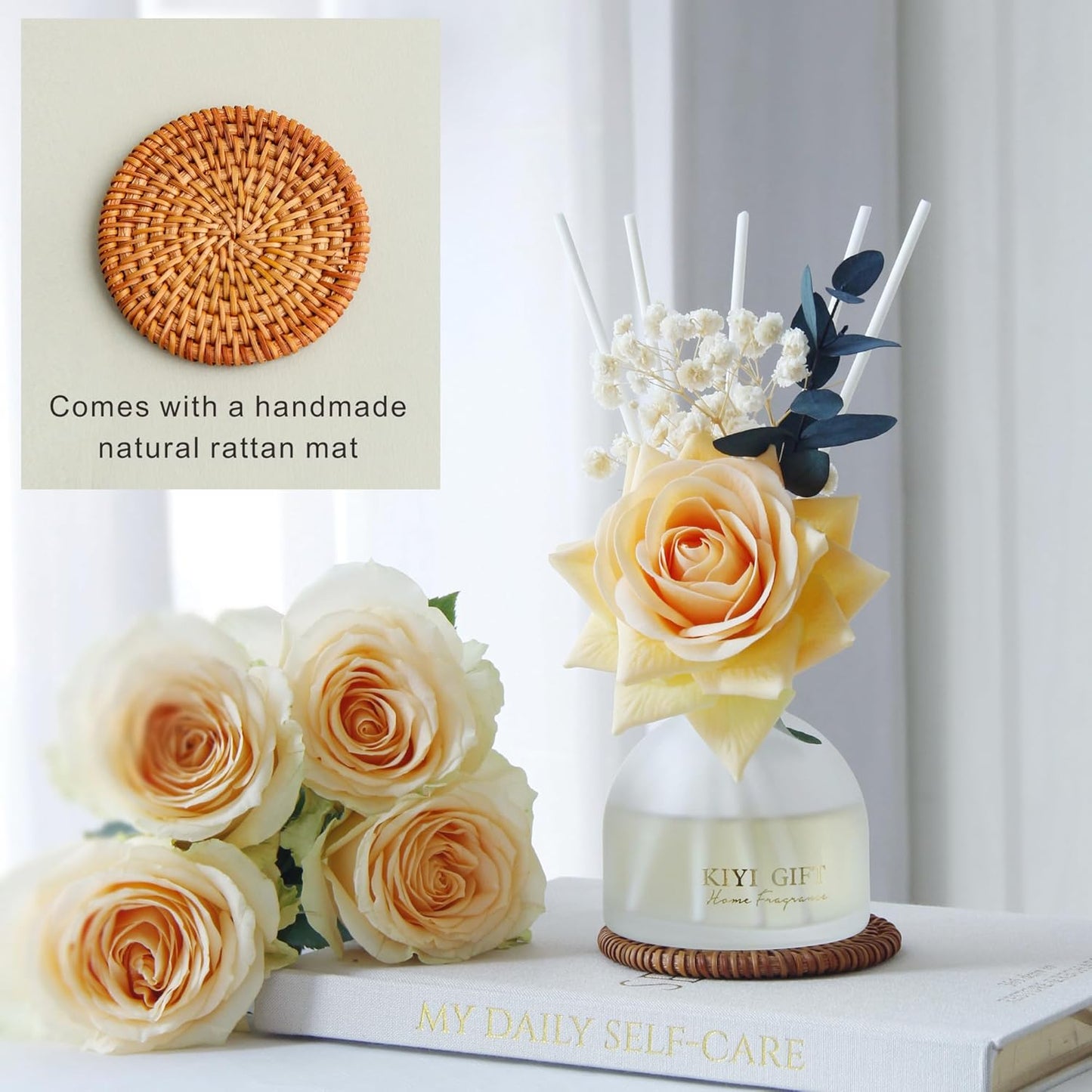 Reed Diffuser Set,4.06 oz Scent Flower Diffuser with 6 Sticks,Home Fragrance,Reed Diffuser for Bathroom Shelf Decor (Jasmine Rose)
