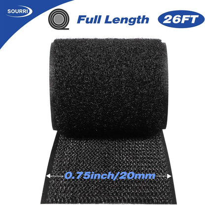 26Feet Hook and Loop Tape Sticky Back Fastener Roll, Nylon Self Adhesive Heavy Duty Strips Fastener for Home Office School Car and Crafting Organization (1, Black-3m, 26ft x 1in)
