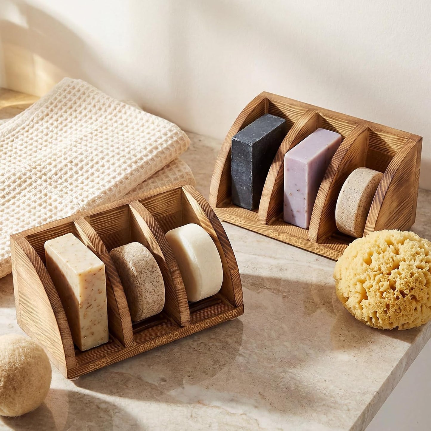 Wooden Shampoo Bar Holder Multi Bar Soap Dish with Self Draining, 3 Slot, Natural Wood Soap Holder for Shower Conditioner Bathroom Organizer, Extend Shampoo Life, Keep Dry Neat