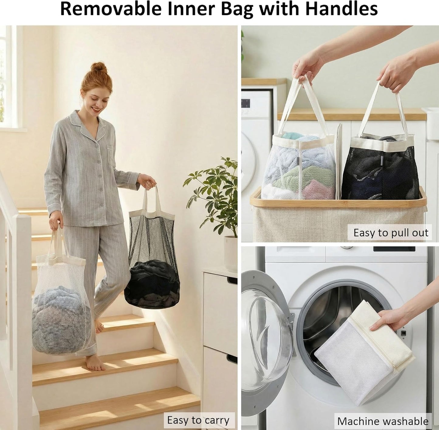 efluky Laundry Hamper with Lid, Trio Laundry Basket with 2 Removable Bags, 3 Section Laundry Bin with Bamboo Handles for Bathroom, Bedroom & Laundry Room, 160L (42.3 Gallon) Beige