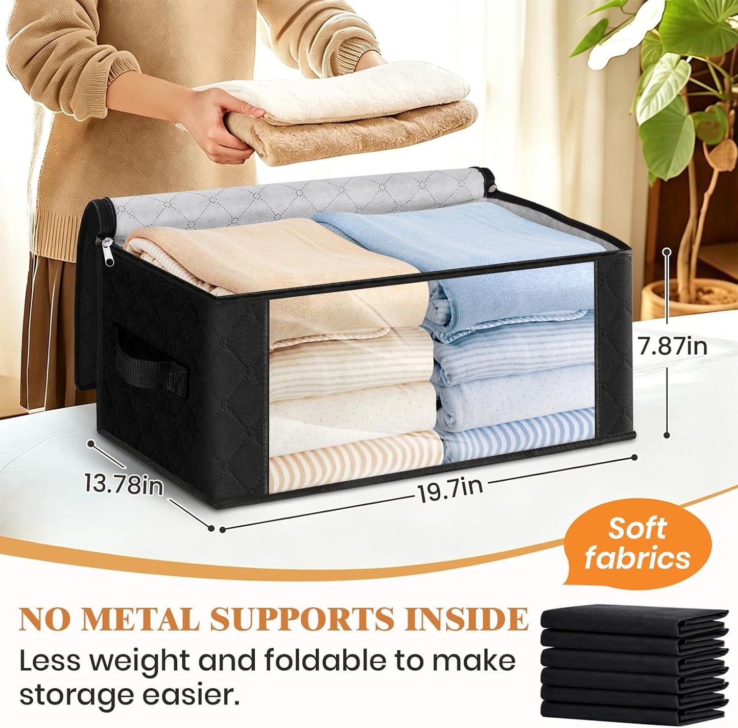 Fab totes 6 Pack Storage Bags for Clothes and Blanket, Foldable Closet Organizers and Storage with Zippers, Clear Window and Handles, Fabric Storage Bins for Sweater, Comforter, Bedding,Linen Sheets