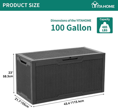 YITAHOME 100 Gallon Large Outdoor Deck Box | Waterproof Resin Storage Box, Lockable Indoor Outdoor Storage Container for Patio Furniture Cushions, Pool Accessories