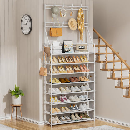 OYREL Shoe Rack, 5 Tier Shoes Storage Organizer, with Functional Hooks and Side Pocket, 20-25 Pairs, for Closet/Entrance/Entryway, Sneaker and Boot Stackable Free Standing Shoe Rack
