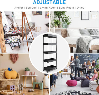 SPACEKEEPER 5-Tier Rolling Cart, Bathroom Storage Organizer Utility Cart, Mobile Shelving Unit Slide Out Shelves for Kitchen Living Room Laundry Room & Dressers, Black
