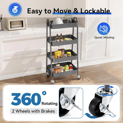 OLIXIS Metal 4 Tiers Utility Rolling Cart, Mobile Storage Shelf with Lockable Caster Wheels, Organization for Livingroom, Bathroom, Kitchen, & Narrow Places, 4-Tier Green