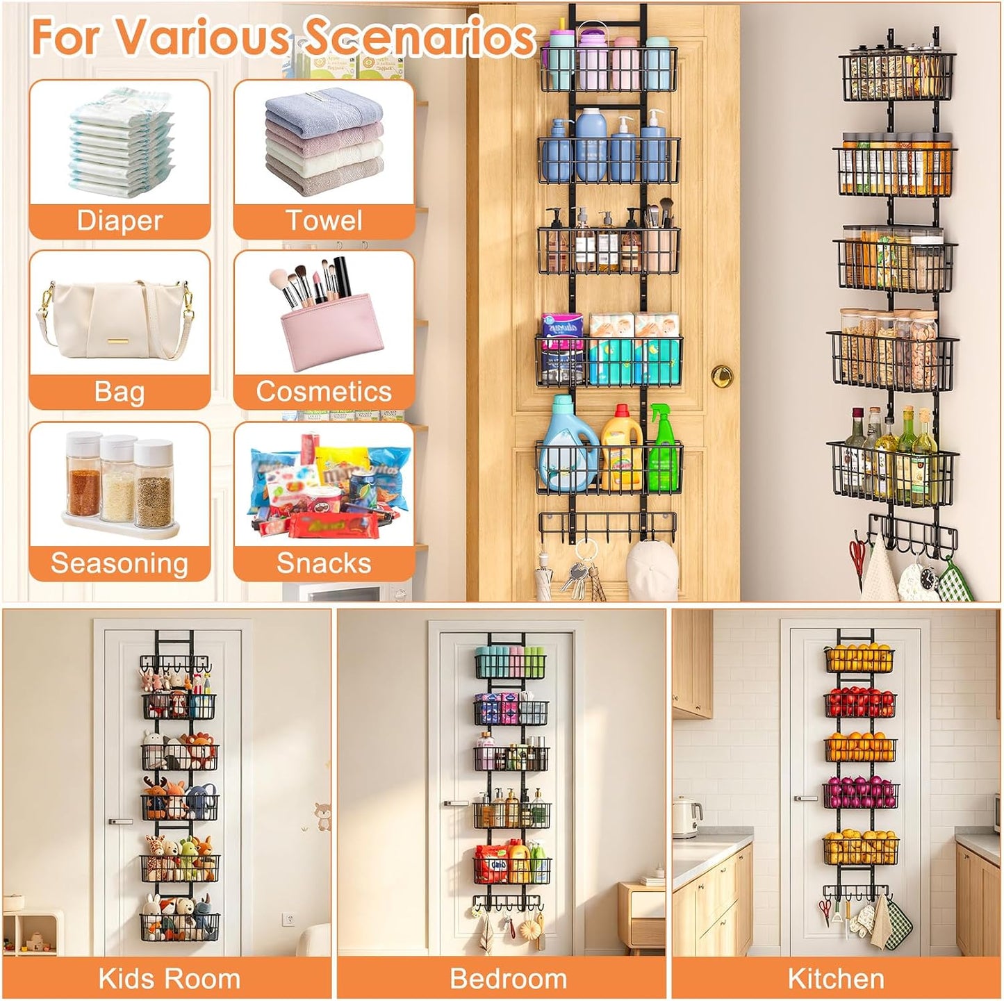 Hongtamoya Over The Door Organizer, Hanging Door Organizer with 5 Metal Baskets, Behind The Door Storage for Pantry Closet Bedroom Bathroom Cabinet Kitchen, White