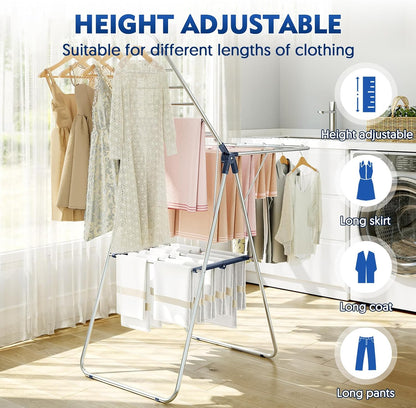 APEXCHASER Large Stainless Steel Clothes Drying Rack, Drying Rack Clothing with Height-Adjustable, Foldable Gullwings Laundry Rack, Indoor Outdoor Use, No Assembly,Black