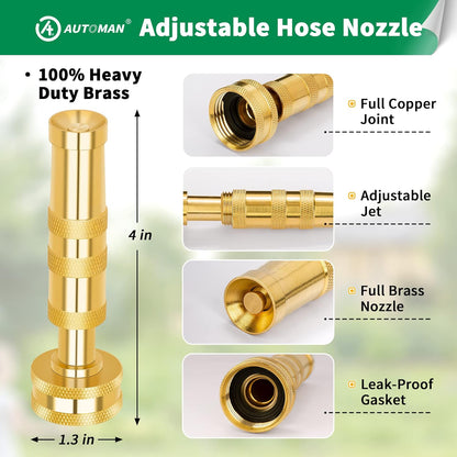 AUTOMAN Brass Hose Nozzle - High Pressure Jet Nozzle 4 Count (2 Set), Heavy Duty Water Hose Sprayer Sweeper with Hose Shutoff Valve, 3/4” GHT Nozzles for Garden Hose, Car Wash, Extra 10 Rubber Washers