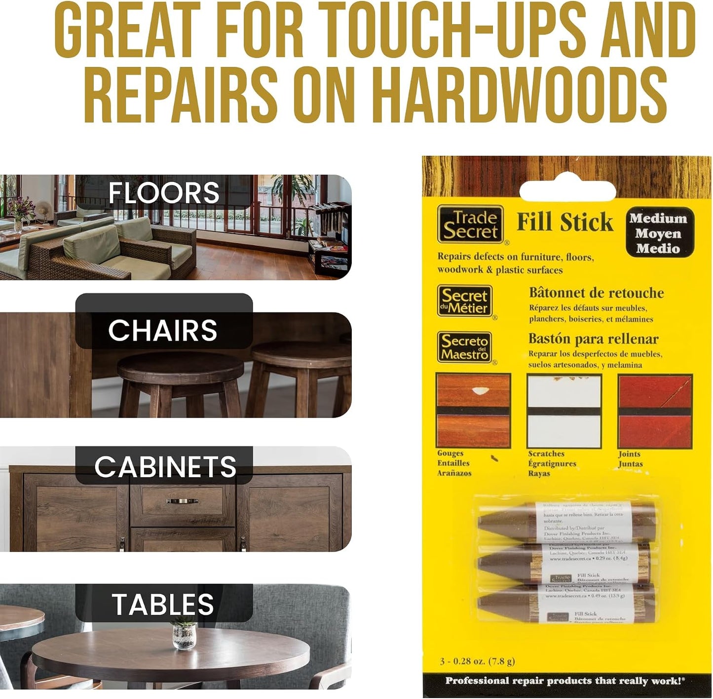 Wood Scratch Repair Fill Stick for Light Surfaces (Set of 3), Great for Touch-Ups and Repairs on Hardwoods Floors, Furniture, Cabinets and Plastic Surfaces.