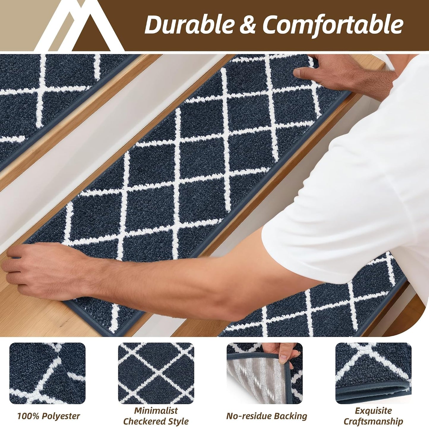 COSY HOMEER Carpet Stair Treads for Wooden Steps Non-Slip Indoor,4pcs, Navy | Peel and Stick,Reusable Adhesive,Residue Free,Washable,Pet Friendly,Soft Stair Runner for Kids,Elders,Multi-Surface Use