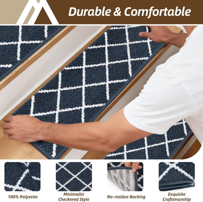 COSY HOMEER Carpet Stair Treads for Wooden Steps Non-Slip Indoor,4pcs, Navy | Peel and Stick,Reusable Adhesive,Residue Free,Washable,Pet Friendly,Soft Stair Runner for Kids,Elders,Multi-Surface Use